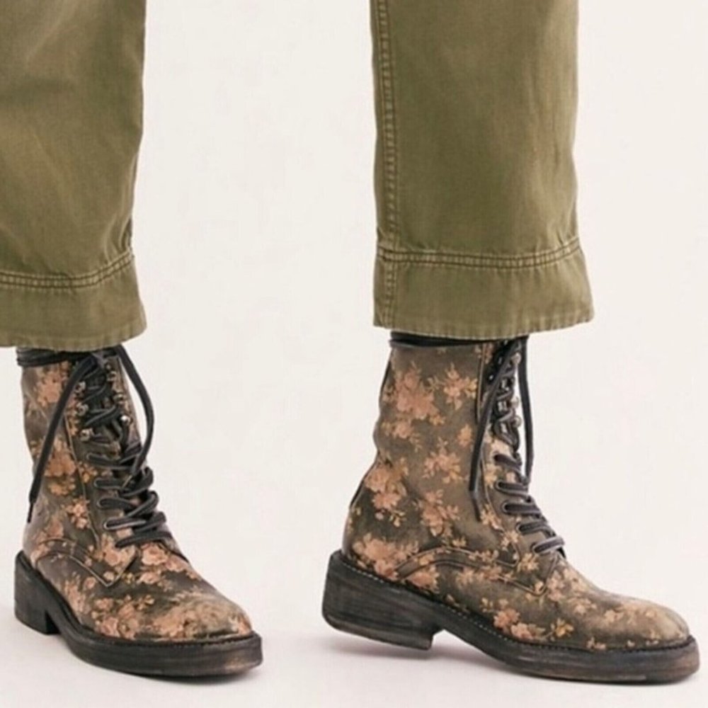 Free People Combat Boots Black Floral Santa Fe Moto Boho Distressed  NWOT